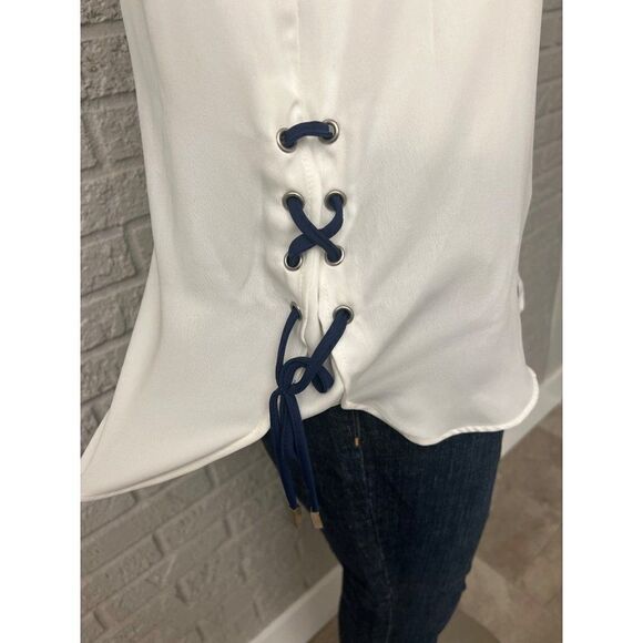 Liz Claiborne White With Navy Trim Lace-Up Side Top Size M - Picture 5 of 7